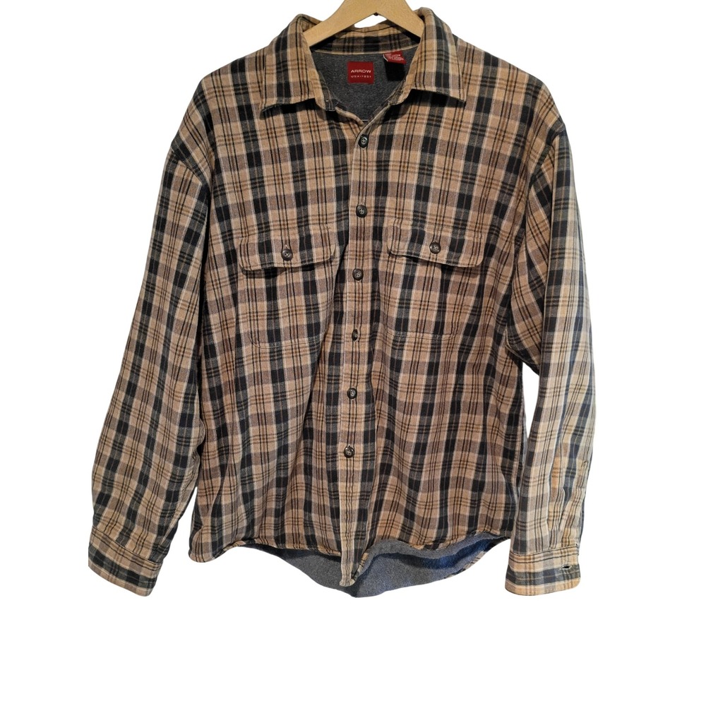 Arrow USA 1851 Mens Fleece Lined Flannel Shirt Brown Plaid Heavy Shacket Large